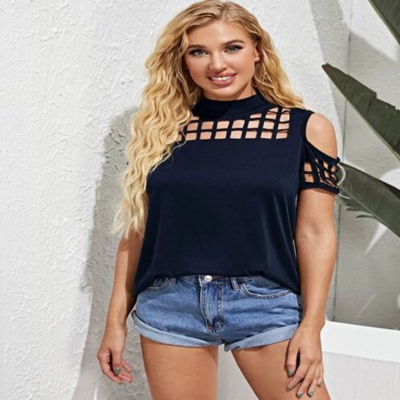 New Knit Top Split Back Opens Crosses Over Cutout Top Cold Shoulder Top Navy - Picture 5 of 5